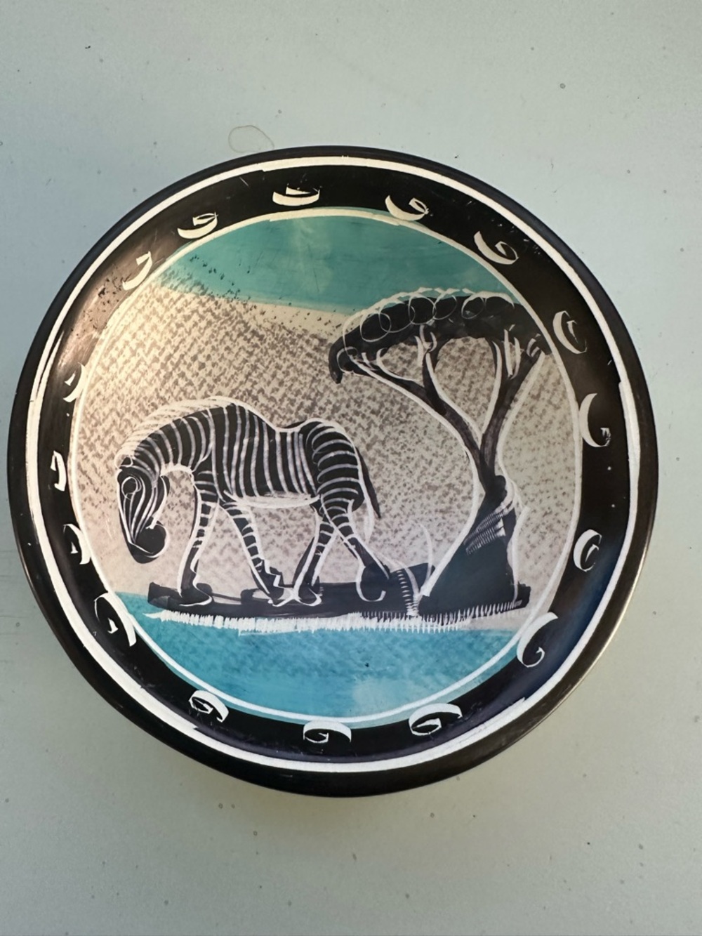 Hand-Painted Zebra saucer - Blue and Black Soapstone 4 inches diameter